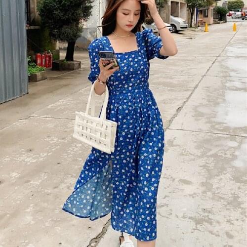 Summer 2021 Runway Elegant Boho Vinatge Fairy Casual Beach Vacation Party Night Long Vestido New Women Long Floral Blue Dresses