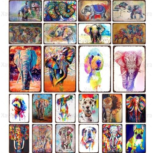 Metal Tin Sign Abstract Animal Retro Metal Plaque Color Graffiti Elephant Pet Dog Vintage Metal Plate Home Decor Living Room