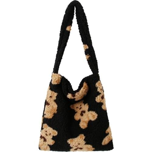 Fashion Plush Top-handle Handbag Women Autumn Bear Pattern Totes Shoulder Bags Popular Simple Female Daily Bag