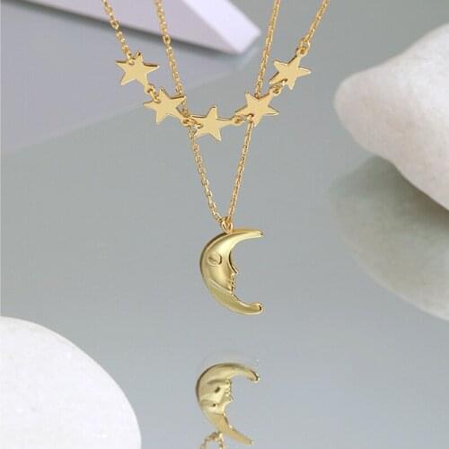 Amaiyllis 925 Sterling Silver Fashion Double Necklace Light Luxury Star Moon Clavicle Chain Stacking Necklace Jewelry