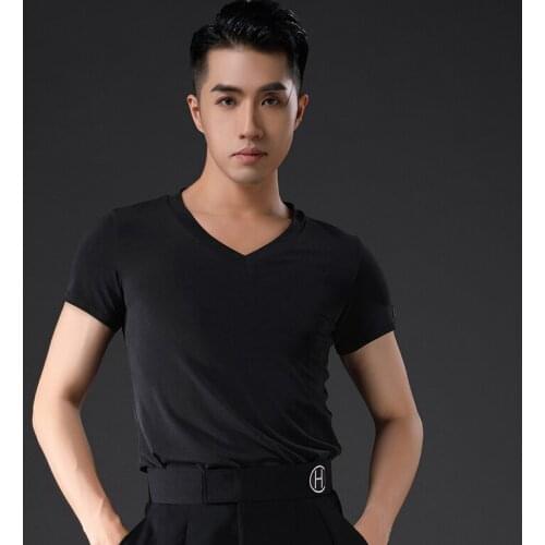 Men Latin Dance Costumes Black Short Sleeved Tops Chacha Samba Tango Rumba Latin Dance Practice Clothes Competition Wear DQS7229