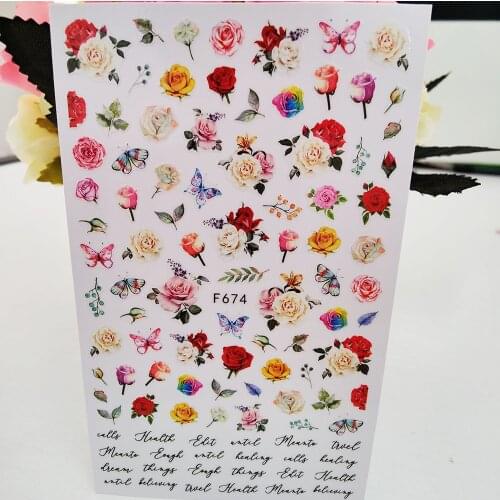 Colorful Rose Flowers 3D Adhesive Stickers For Nails Butterfly Letters Nail Art Decorations Decals Foil Manicure Accessories