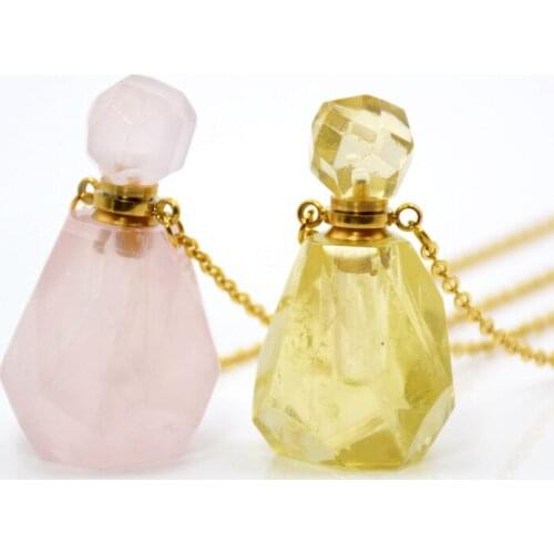 Natural Rose Quartzs Amethysts Essential Oils Diffuser gems faceted stone perfume bottle Pendant Necklace for women