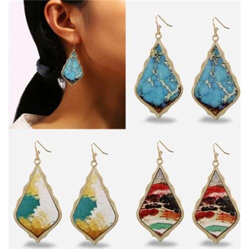 European and American cross-border new drop-shaped oil painting earrings creative retro bohemian ethnic style artificial leather