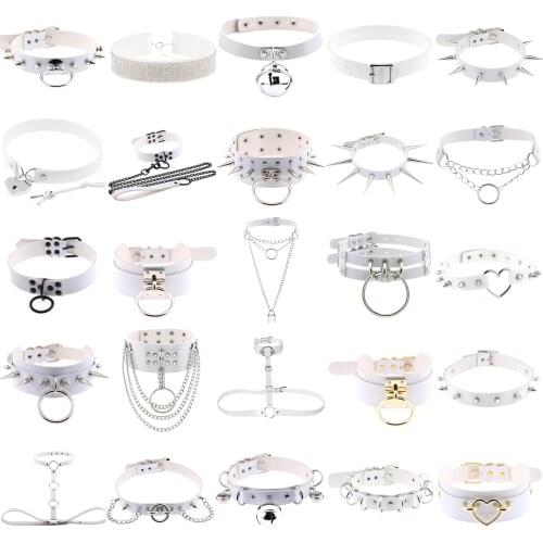 Goth White PU Leather Choker Necklaces for Women Stainless Steel Chains Necklace Punk Pendant Jewelry Sexy Collar Accessories