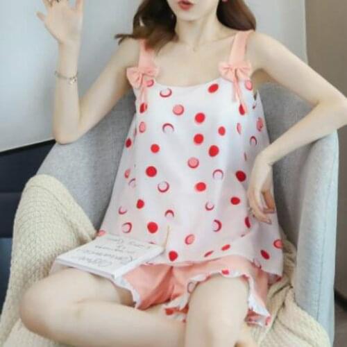 Pajama Sets Women Chiffon Sweet Strappy Sleeveless Bow Pleated Padded Thin Sleepwear Lady Comfortable Leisure Loose Nightwear