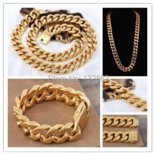 Gave husband the best anniversary gift huge 595g Weight 20mm Mens Stainless Steel Cuban Chain Necklace & Bracelet Set Gold