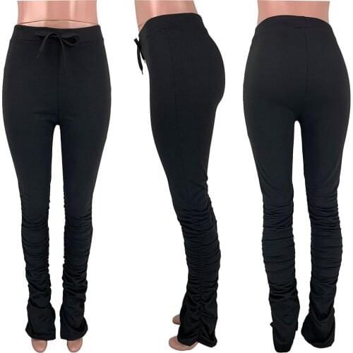 Women Solid Color Drawstring Stacked Sweatpants Ruched Sports Pants Trousers Women Sweatpants Ruched Sports Trousers Pants
