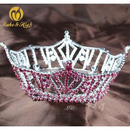 Luxury 6" Bridal Pink Crystal Rhinestones Crowns Handmade Tiaras Bride Full Diadem Crown Wedding Hair Accessories Jewelry TC049