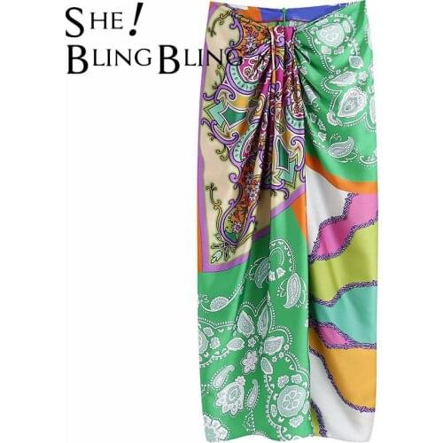 SheBlingBling Vintage Print Summer Women Long Maxi Skirts Zipper Ruched Detail High Waist Casual Pencil Female Printed Skirt