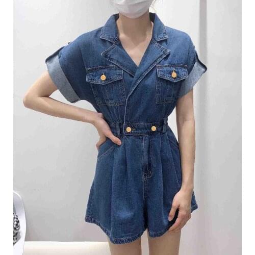 2021 Summer Denim Short Jumpsuit Women Lapel Zipper Pockets Elastic Waist Retro Romper Palysuits Solid Overall Ladies England