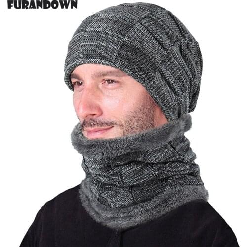Winter Beanie Cap Men Knitted Hat Scarf Set Gorras Bonnet Fleece Inside Winter Hats For Men Skullies Beanies