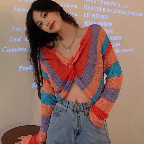 2020 Sweater Sexy V-neck Cross Cropping Sunscreen Sweater Design Sense Rainbow Stripes Long-sleeved Women