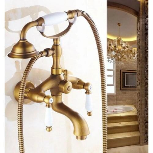 Antique Brass Wall Mounted Bathroom Tub Faucet Dual Ceramics Handles Telephone Style Hand Shower Clawfoot Tub Filler atf314