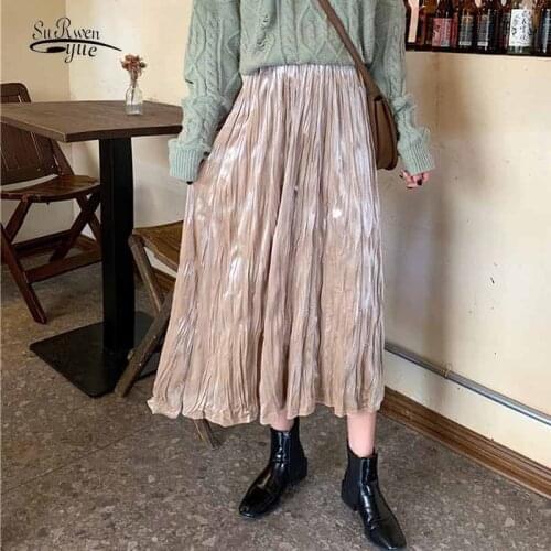 Velvet Pleated Vintage New Mid-length Solid All-match A-line Skirts Elegant Skirt Female Korean 2021 Autumn Faldas Cortas 12171