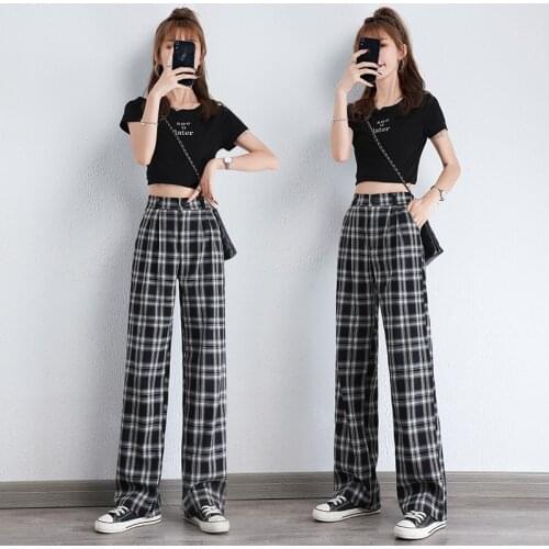PELEDRESS Harajuku Plaid Pants For Women Trousers 2021 Streetwear Woman Wide Leg Pants Autumn Ladies Causal Pants Plus Size