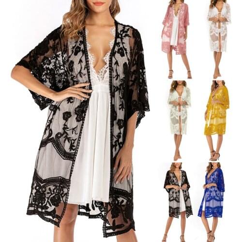 Long Cardigan Bikini Outerwear Chiffon Beach Dress Bohemian Women Lace Floral Crochet Sheer Bikini Cover Up Long Open Cardigan