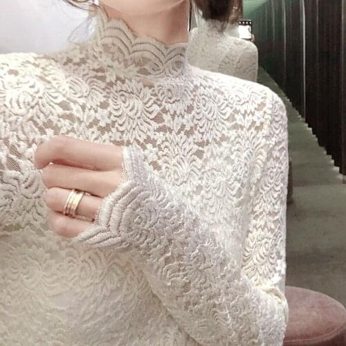 Turtleneck Stretch Lace Shirt Sexy See-through Womens Long-Sleeved Top Womens Blusas Ropa De Mujer
