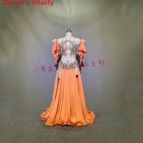 Customized Belly Dance Diamond Bead Bra Ruffled Hem Skirt Set Women Oriental Indian Drum Dance Group Competition Stage Costume