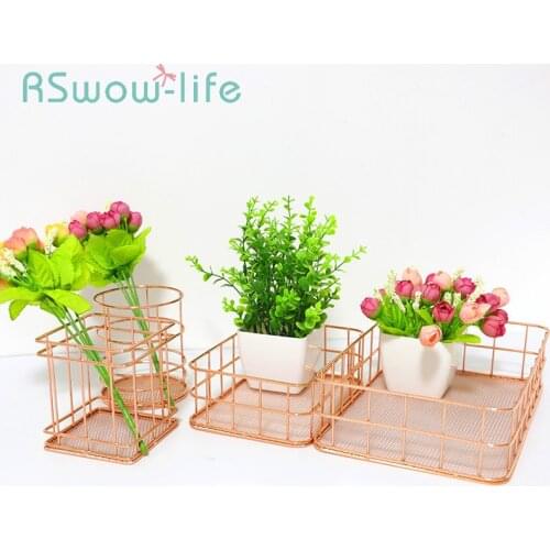 Nordic Rose Gold Wrought Iron Net Bottom Storage Basket Pen Holder Metal Office Storage Finishing Stationery Storage Basket