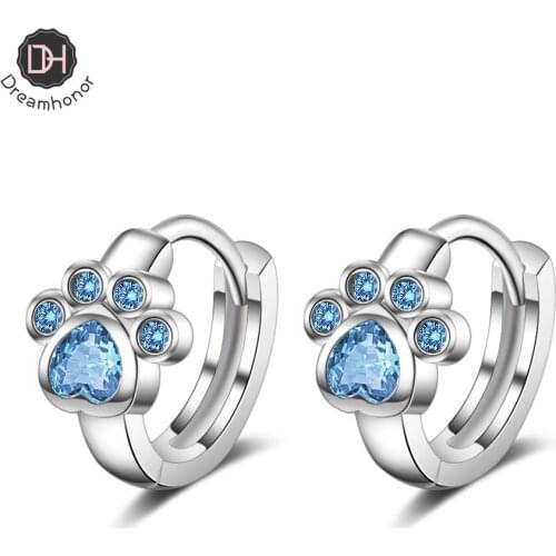 Fashion Korean 925 Silver Cute Pet Cat Claw Footprint Blue Zirconium Earrings Jewelry