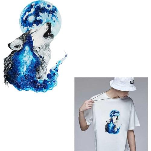 Fashion Blue Wolf Prints For Clothing Iron-on Transfer For Clothing Heat-Transfer Clorhing Stickers Applique Decor Washable Diy