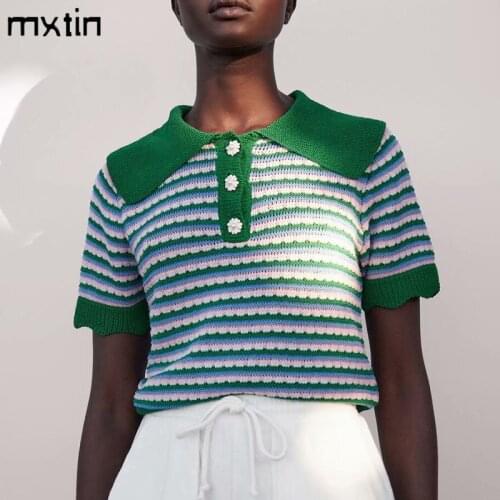 MXTIN 2021 Summer Vintage Striped Pullover Button Knitted POLO Shirt Fashion Short Sleeve Turn-down Collar Casual Slim Chic Tops