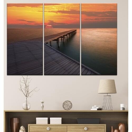 3 Piece Canvas Wall Art Picture Modern Home Decor Landscape Painting Prints Sunset Lake Wood Bridge Modular Framed Decor Artwork