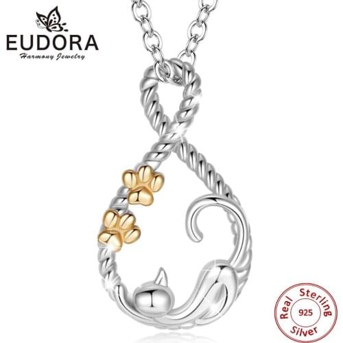 EUDORA Sterling Silver Sleeping cat Pendant Necklace Gold Cat footprints necklace Animal pet Jewelry for lady girl with box D187
