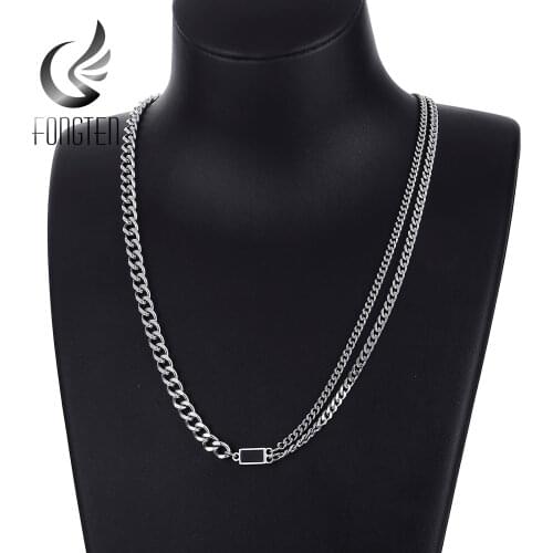 Fongten Rectangle Simple Mens Necklace Double Layer Cuban Link Chain Stainless Steel Hiphop Jewelry