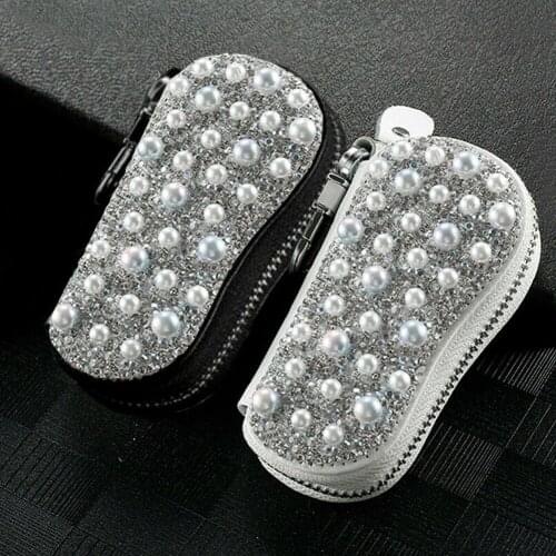 Luxury Women Bling Diamond Crystal Pearl Car Remote Key Bag Case Shell Cover