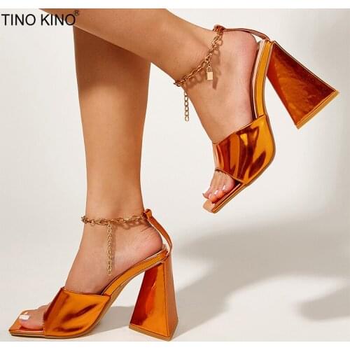 Women Sandals PU Fashion Thick High Heels Shoes Ladies Square Toe Metal Chain Ankle Strap Female Sandal Party Woman Footwear New