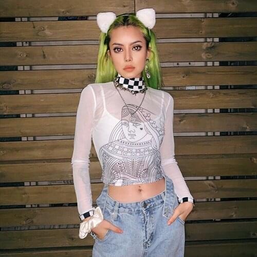 Sexy Womens Hip-hop See-through Lace Mesh Sheer Plaid High turtleneck Printed Long Sleeve Crop Top T-Shirt Tee Tops