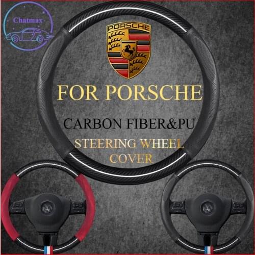 Carbon Fiber&PU Leather Steering Wheel Cover Universal For Porsche Panamera Taycan Cayenne 718 911 37-38cm Sport Car Styling