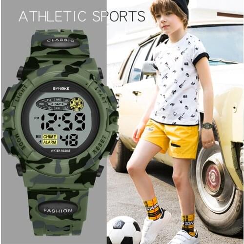 SYNOKE Sports Military Kids Digital Watches Student Childrens Watch Fashion Luminous Led Alarm Camouflage Green Boy Clock