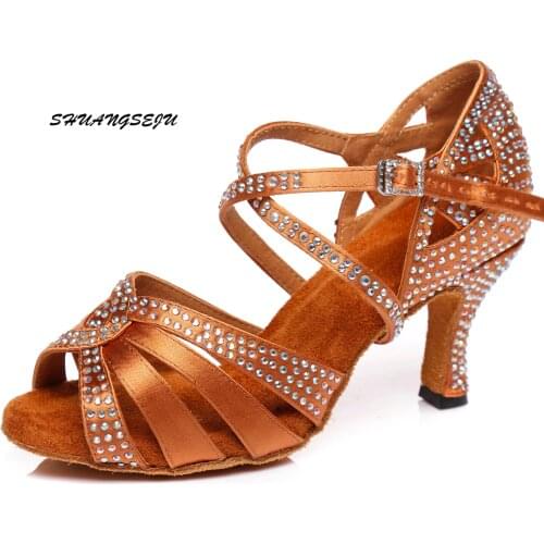 Fashion Jazz Salsa Ballroom Latin Dance Shoes For Dancing Women Chinese Dances High Heels 10cm Rhinestone Sequined Brown skin