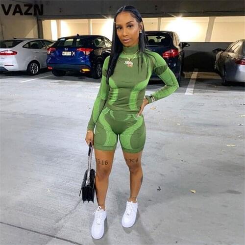 VAZN 2021 Sport Gym Fitness Suit Spring Fashion Special Holiday O-neck Two Piece Set Bandage 2 Piece Set