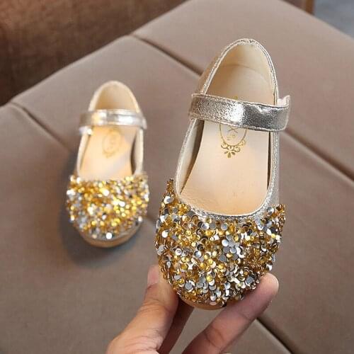 Spring Children Kids New Girls Leather Shoes Gold Silver Pink Sequins Bling Wedding Party Wedding Princess Single Shoes New