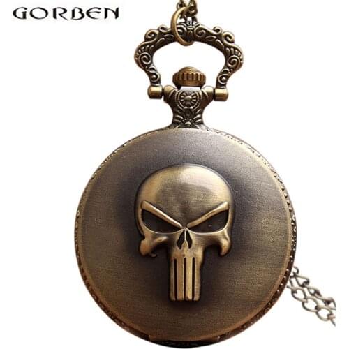 Vintage Anime The Punisher Skull Pocket Watch Necklace Chain Pendent Antique Quartz pocket fob watches Relogio Men Watches Gift