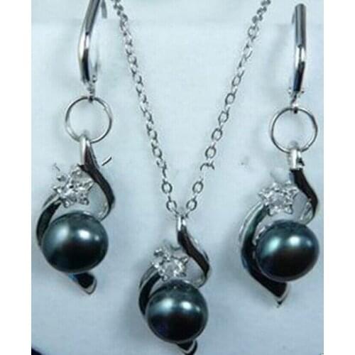 Fine quality jewelry wholesale good 07524 Black Akoya Cultured pearl Earrings Pendant Necklace Set Grade -jewelry