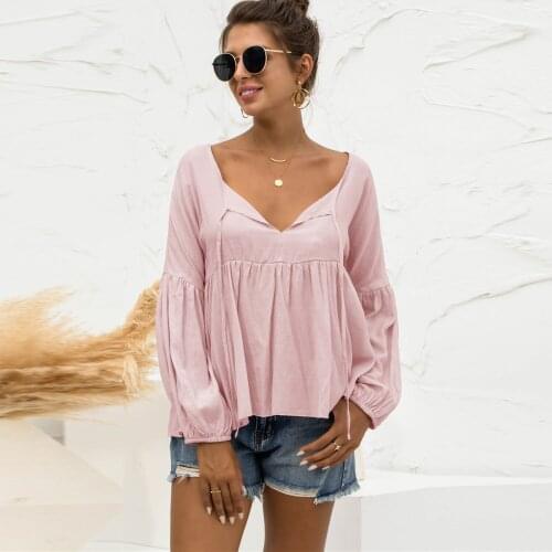 Women Fashion T Shirts 2021 Female Autumn V-Neck Puff Long Sleeves Loose Solid Ruffles A-line Pullover T-shirts Casual Lady Tops