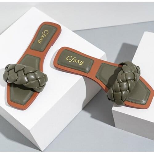 2021 Woven Slippers Women Slip on Slides Fashion Square Toe Leather Flat Sandals Female Outdoor Casual Slippers Flip Flops