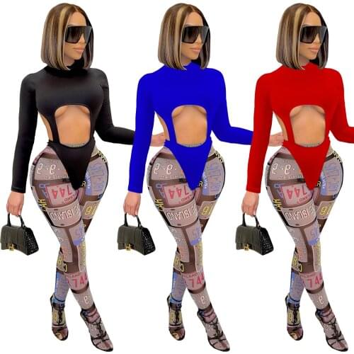 Echoine Women Letter Print Fitness Two Piece Set Solid Long Sleeve Hollow Out Bodysuit And Legging Pants Party Clubwear Outfits