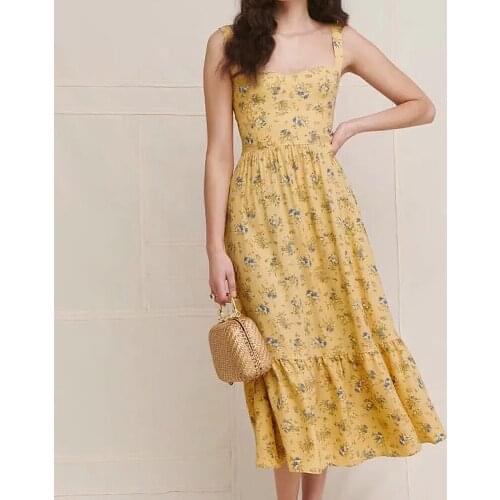 2021 Summer beach Sundresses women vintage floral Sling Dresses Bohemia Strap Vestidos elegance Retro Ruffle hem Midi Dress