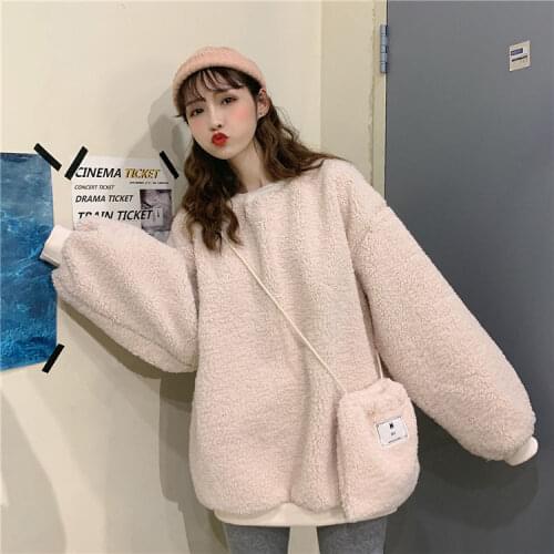 Women Winter Warm Oversized Pullover HoodiesKorea Lantern Sleeve Loose Hooded Tops Casual Sweatshirt With Fashion Bag