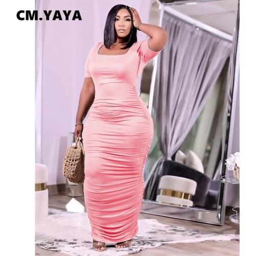 CM.YAYA Women Long Dress Solid Short Sleeve O-neck Stacked Stretchy Bodycon Maxi Dresses Fashion Vestidos Summer Outfits 2021