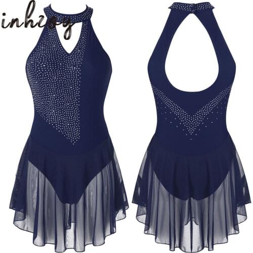 Women Halter Neck Ballet Gymnastics Dance Dress Backless Rhinestone Skating Leotard Dresses