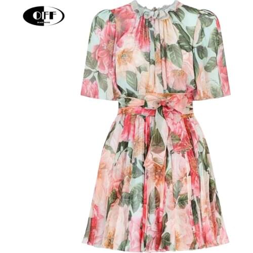 Designer runway elegant ruffles women goblincore summer mini dresses light basic bow Rosy dress with floral pattern party robes