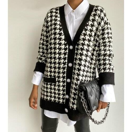Vest Houndstooth Sweater Women Loose Fashion Cardigan Knitted Sweater Oversized Ladies Short Winter Coat Femme Chandails
