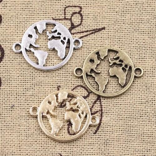 12pcs Charms World Map Link Earth Connector 20x26mm Antique Bronze Silver Color Pendants Making DIY Handmade Tibetan Finding